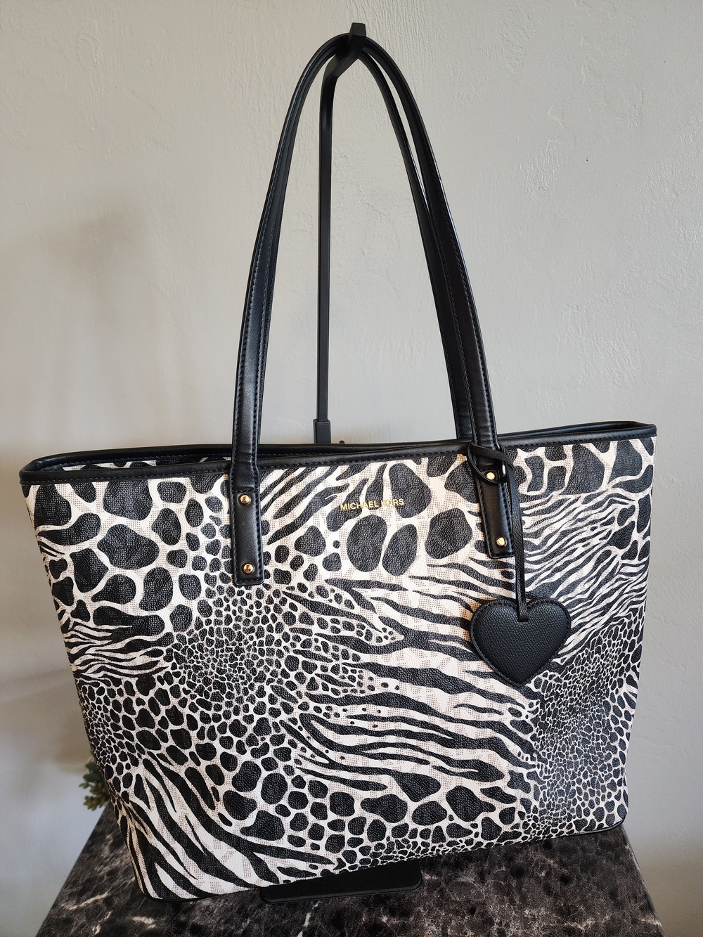 Michael Kors Black & White Animal Print Carter Tote Bag